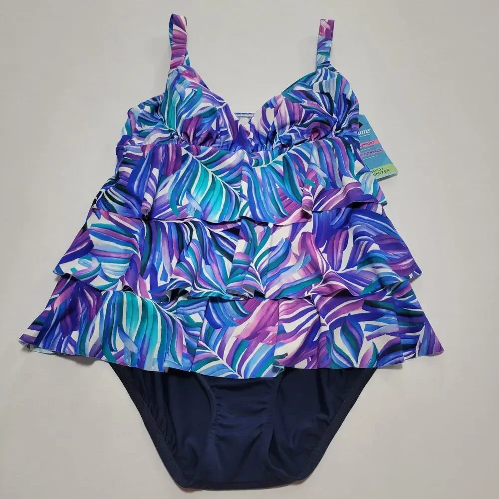 Swim Solutions Tummy-Control Faux-Tankini One-Piece Swimsuit Modest NWT Size 8 - Picture 4 of 13